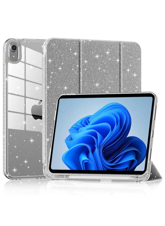 iPad case for iPad (A16) 11th Generation 11 inch (2025) / iPad 10th Generation 10.9 inch(2022) | Trifold stand with pen slot | Acrylic transparent back panel for drop resistance Glittering Sparkly Shockproof Cover(Rose red)